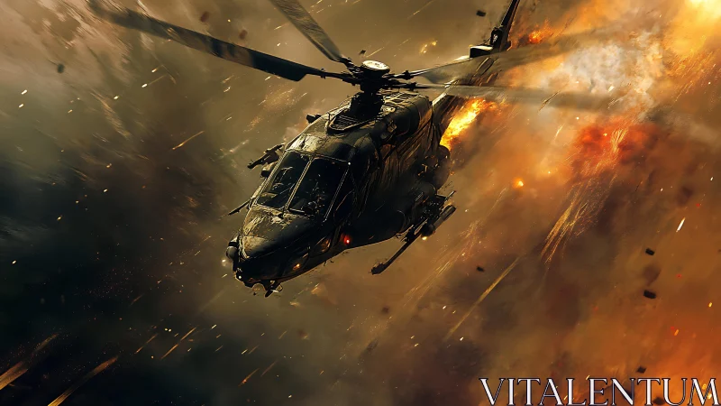 Blazing combat helicopter knifes through a storm of molten sky