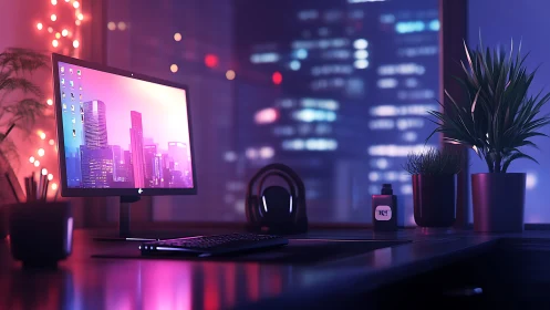 Neon-lit workstation with cityscape monitor and bokeh skyline.