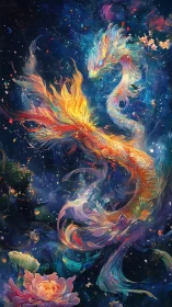 Serpentine dragon entity in luminous cosmic floral scene.