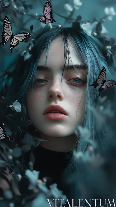 Portrait depicts blue-haired figure amid foliage and butterflies