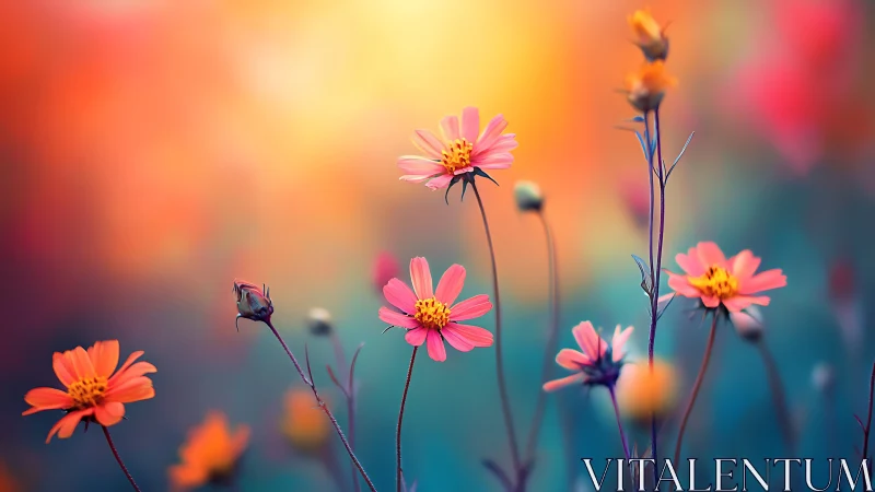 Shallow depth field photograph of pink and orange cosmos flowers