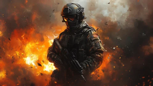Armored special forces soldier stands amid raging battlefield fire