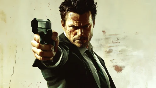 Gritty gunman portrait with extended pistol in focus.
