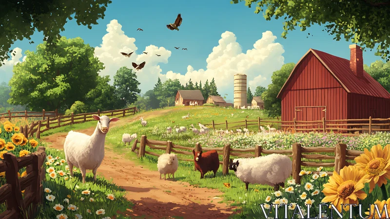 Sunlit sheep and soaring birds turn a quiet farm lane alive