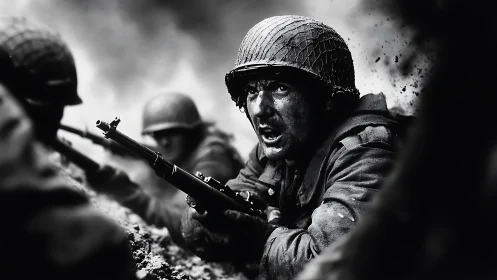 Gritty monochrome battlefield close-up of infantry soldier under fire.