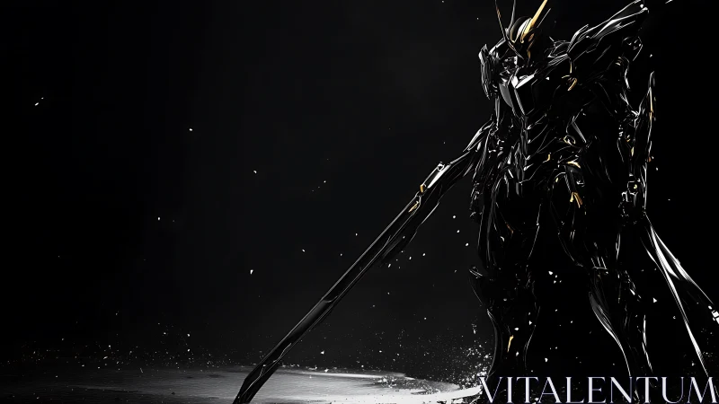 Midnight mech warrior stands poised in a storm of sparks