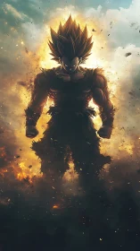 Storm-lit warrior strides from an inferno of shattered sky