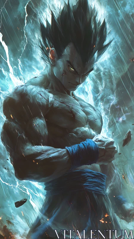 Electrified anime warrior with volumetric aura and dynamic rain lighting