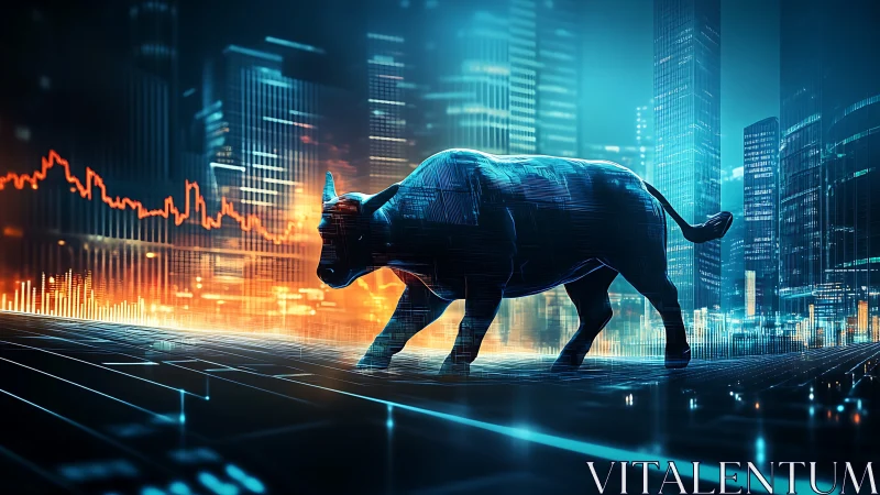Cybernetic bull sculpture strides across neon financial data grid