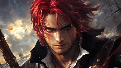 Red haired seafaring swordsman portrait in stormy setting.