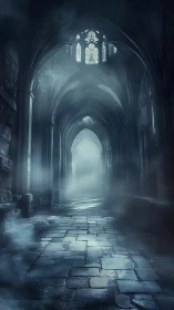 Moonlit gothic corridor holds misty ruin in silence