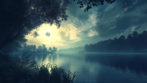 Moonlit mist over tranquil forest lake at blue hour.