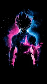 Silhouetted energy warrior in blue and magenta aura.