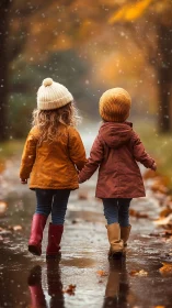 Two children holding hands walk through autumn rain together.