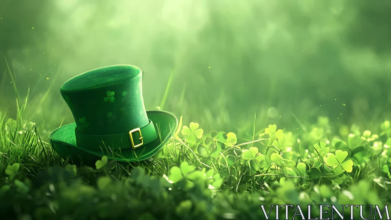 Leprechaun hat resting in clover field under soft light.