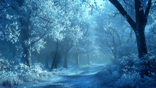 Moonlit frost path winding through a quiet blue forest.