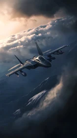 Fighter jet flies above rugged mountains under storm clouds
