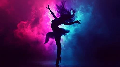 Silhouette dancer swirling through neon clouds of color.