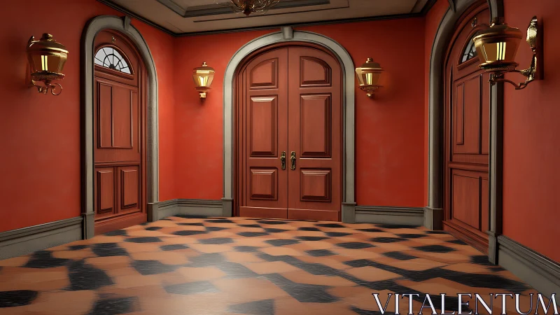 Crimson corridor of choices with gleaming doors and lanterns.