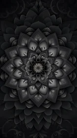 Monochrome mandala blooms with layered metallic petals.