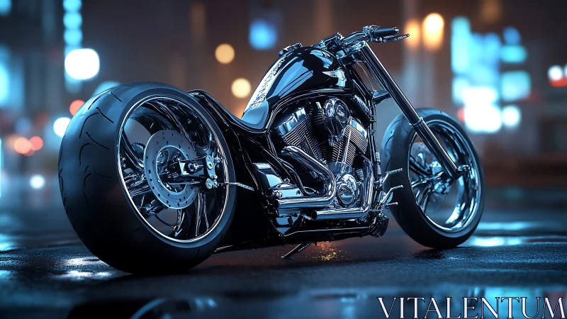 Custom chrome motorcycle under neon city night reflections.