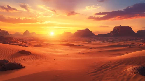 High-dynamic-range desert sunset with stratified dunes and mesas