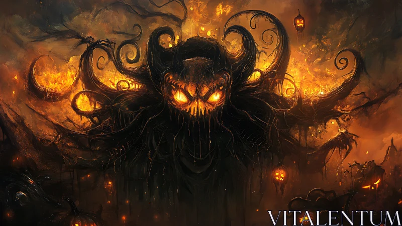 Demonic pumpkin wraith over burning Halloween landscape.