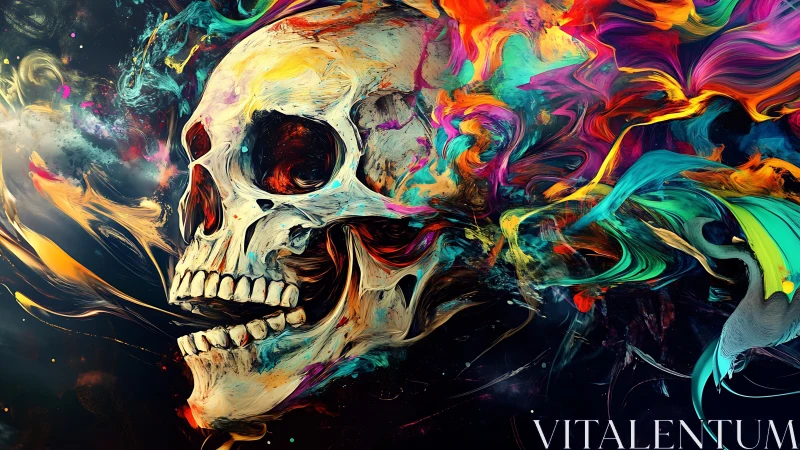 Vivid human skull dissolves into swirling neon color storm.