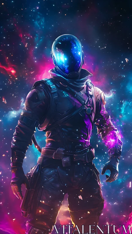 Cosmic astronaut in neon galaxy with glowing armor suit.