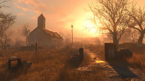 Deserted rural church path under blazing orange sunset.