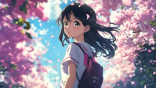 Spring breeze portrait of schoolgirl under sakura canopy.