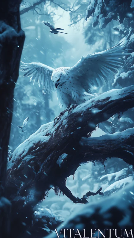Snowy owl poised on icy branch in cinematic blizzard scene.