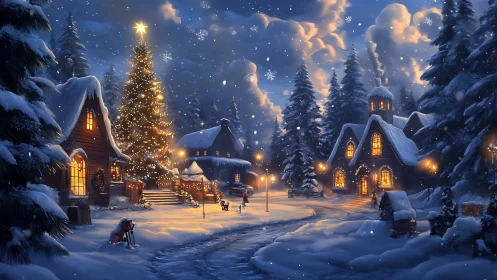 Snowy Christmas village under glowing fir tree lights.