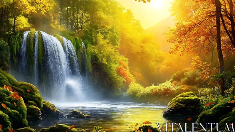 Sunlit forest waterfall and river in vivid autumn colors