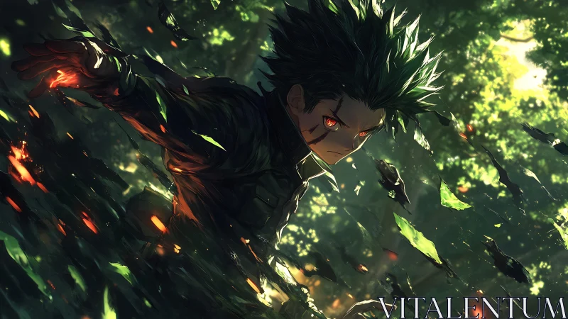 Forest warrior with glowing red eyes in dynamic motion.