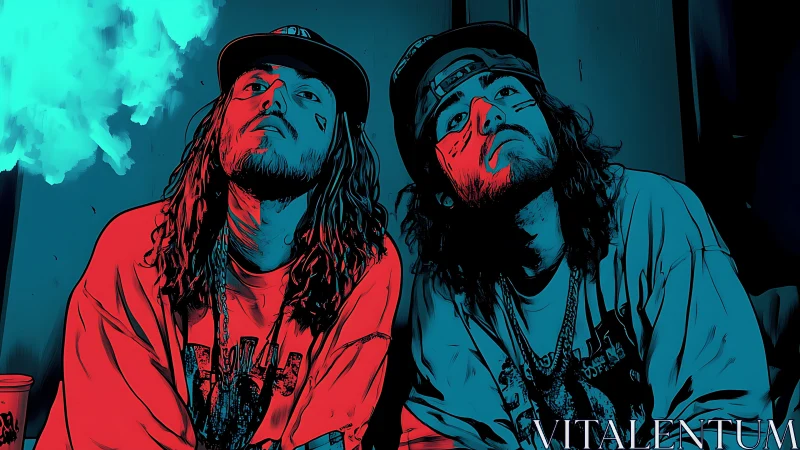 Two mirrored streetwear figures pose in neon split lighting