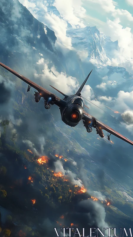 Jet aircraft attacks burning valley beneath dramatic clouds