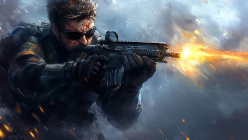 Tactical soldier firing assault rifle through storm firestorm.