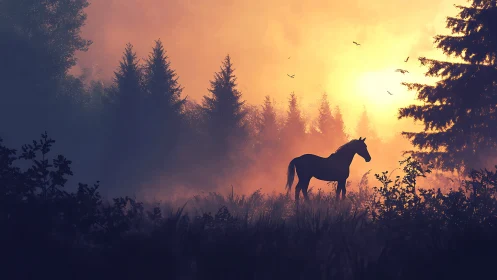 Forest dawn crowns a quiet horse in molten amber light