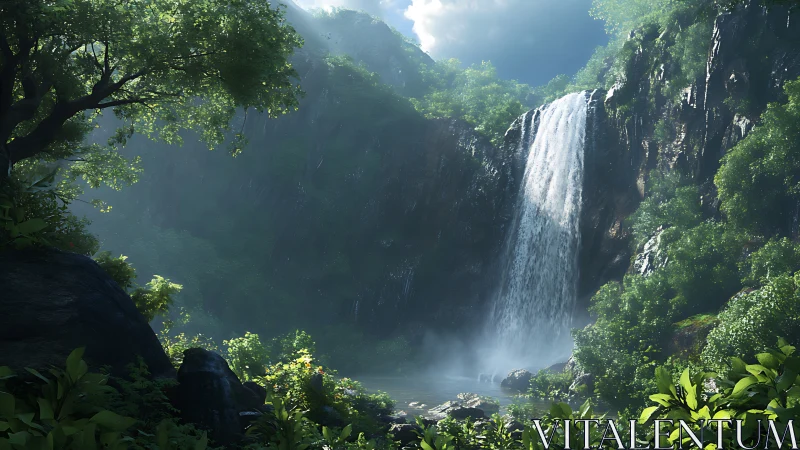 Dense forest canyon with central waterfall and misted pool.
