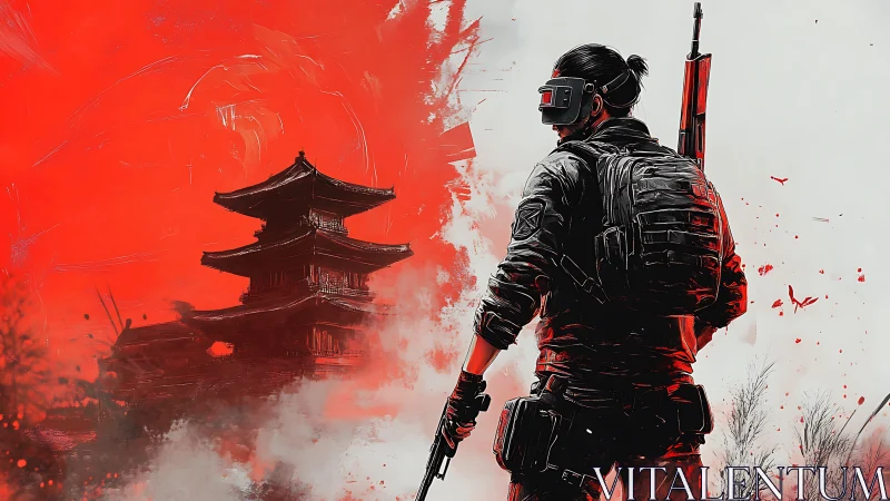 Cyber soldier before crimson temple in split battlefield palette.