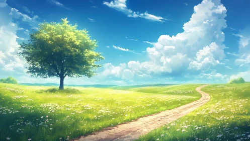 Lone tree by winding path under expansive cumulus sky.