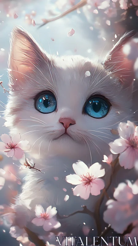 Cerulean-Eyed Feline Dreams Among Cherry Blossoms