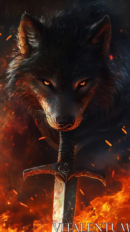Wolf head aligned over burning sword within dark flames