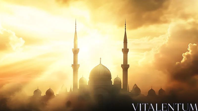 Sunlit minarets drifting through golden clouds at dawn.