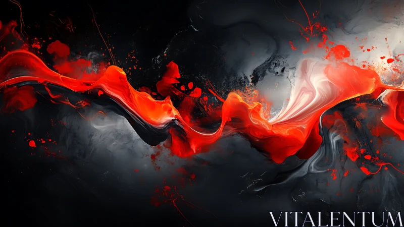 Dynamic red fluid ribbons surge across dark abstract field