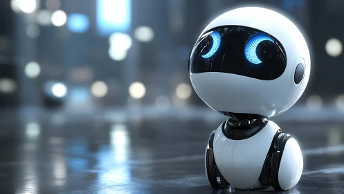 Small white robot with glowing blue eyes in city street.