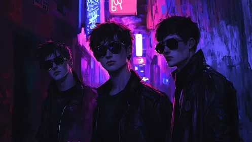 Neon-drenched rebels multiply in a violet-lit back alley