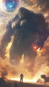 Colossal molten titan confronts lone figure in cosmic storm