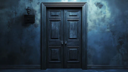 Moody double wooden doors glow in eerie blue hallway.